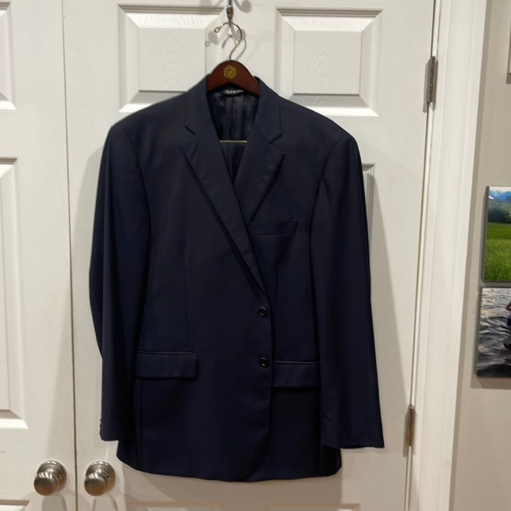 SFA Black label. Size 46 reg, pants 38/32 ish un cuffed.  Can be let in/out